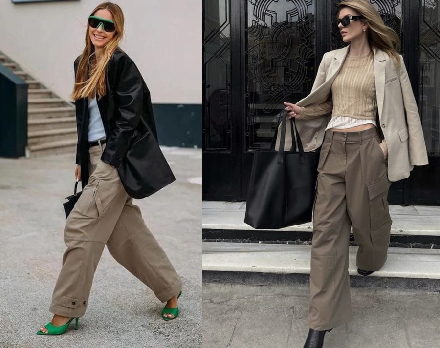 Модные образы с оверсайз-пиджаком и широкими брюками карго