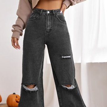 Рваные темно-серые широкие джинсы