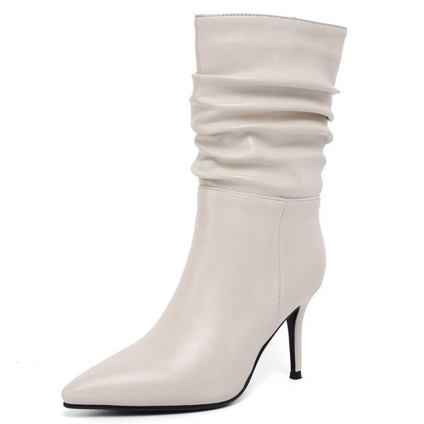 Белые сапоги на шпильке со складками