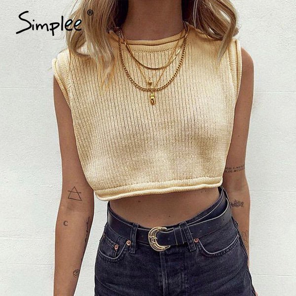  Свободный вязаный топ без рукавов с круглым вырезом